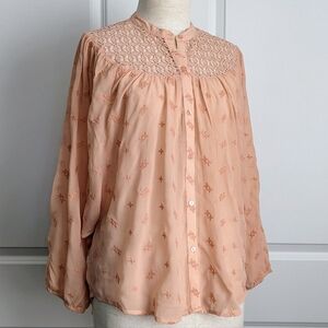 Lucky Brand Blouse Embroidered Semi-Sheer Lace Button Front Rose Tan S/M NWT
